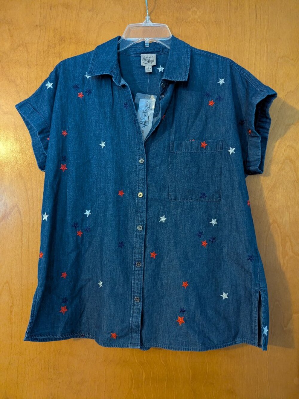 Como Vintage Denim Red/White/Blue Button Short Sleeve Shirt | NWT | Size Large